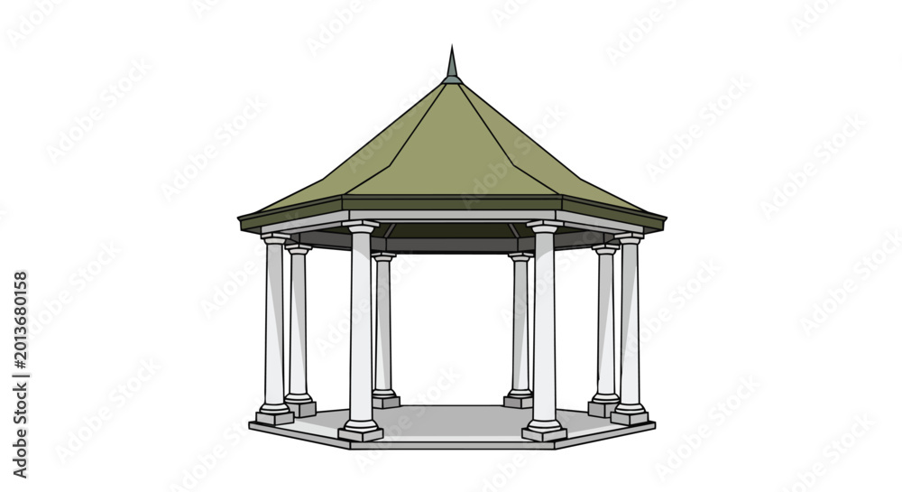 Naklejka premium Garden pavilion bandstand architecture illustration with elegant white columns and pointed green roof for outdoor landscape