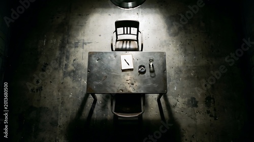 Dark Interrogation Room with Metal Desk and Chair Under Spotlight.