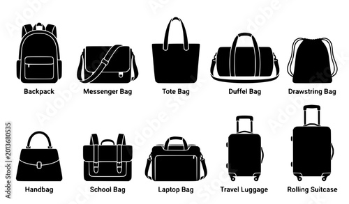 Foto Bag silhouette vector set with backpack tote duffel luggage and travel accessory