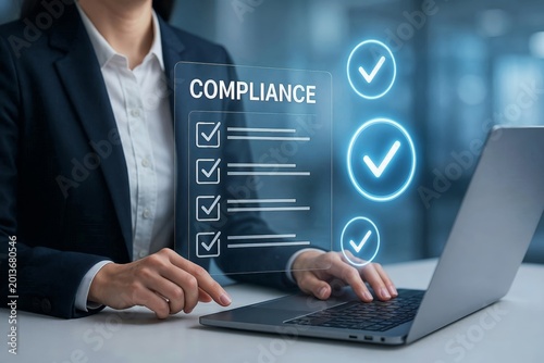 Business Professional Working on Laptop with Digital Compliance Checklist and Success Icons