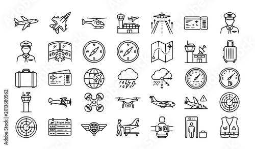 Fotografie Airplane aviation 30 line icon set with flight navigation aerospace and editable