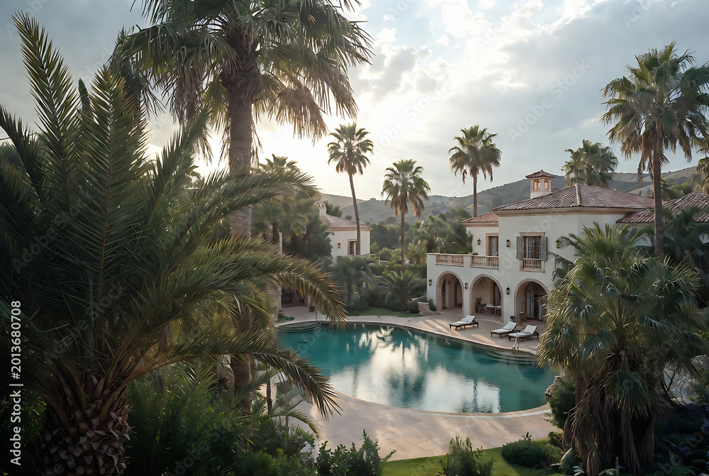 Fototapeta premium A luxurious estate with a pool and palm trees, set in a sunny Mediterranean landscape.