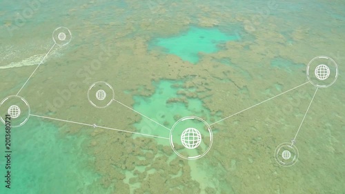 Large globe node appearing, network of translucent globe icons expanding and mapping reef layout