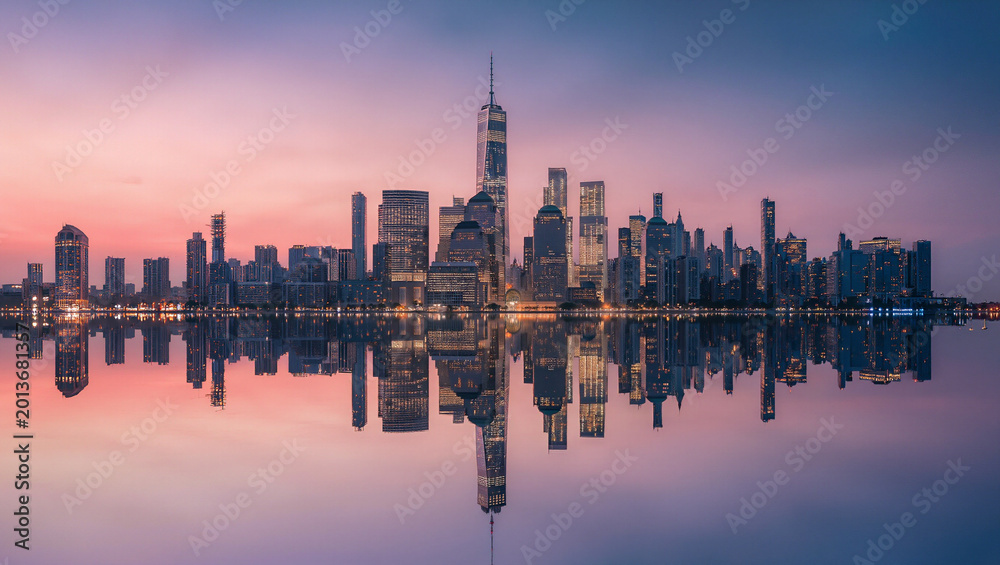 Fototapeta premium Stunning City Skyline Reflection at Sunset with Modern Architecture