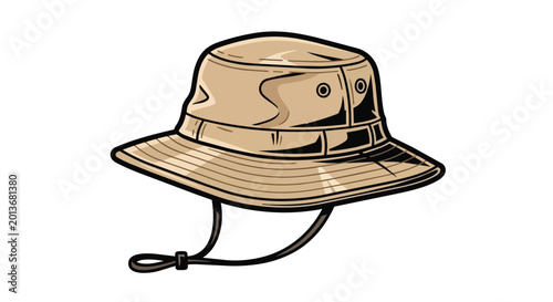 Beige boonie hat illustration with chin strap for outdoor adventure, hiking, and safari sun protection