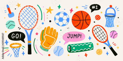 Photos Colorful sports illustration with balls rackets and athletic equipment