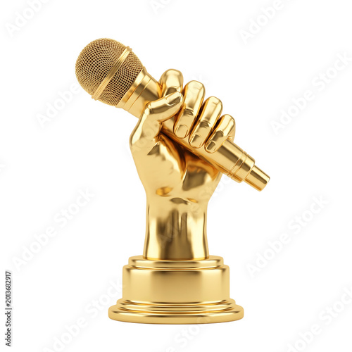 Golden Hand Holding Golden Microphone Singing Award Isolated on Transparent