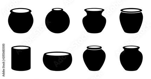 Schilderij op canvas Set of 8 Black Ceramic Pottery Icons, Simple Silhouette Vases and Jars, Minimali