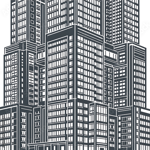 Stippled illustration of modern skyscraper office buildings, urban city architecture, dense skyline structure, business district backdrop