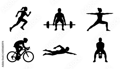 Konstfotografi Fitness Icons Set: Running, Weightlifting, Yoga, Cycling, Swimming, Kettlebell T