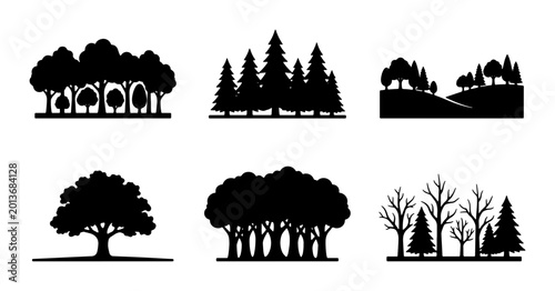 Bild auf Leinwand Diverse Forest Silhouettes, Woodland Scenes, Tree Clusters, Nature Landscapes, V