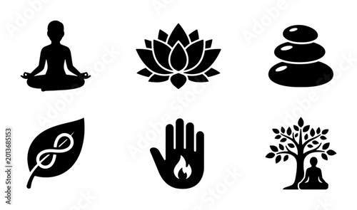 Canvas Print Zen Icons Set: Meditation, Lotus Flower, Stacked Stones, Leaf Symbol, Hand Flame