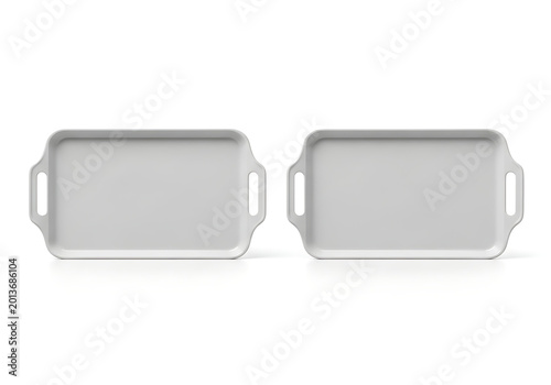 Two isolated empty white rectangular serving trays with ergonomic handles, perfect for food presentation or kitchen design mockup