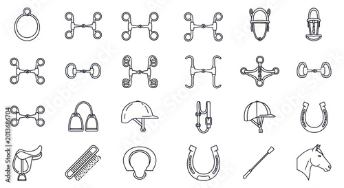 Obraz na płótnie Equestrian Equipment Set: Horse Bits, Bridle, Saddle, Helmet, Horseshoe