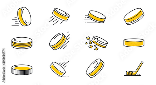 Photography Ice Hockey Puck Icons Set: Action, Motion, Break, Stick - Vector Graphics