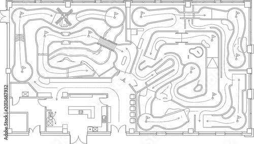 Bild auf Leinwand Miniature golf course floor plan vector, indoor mini golf architectural layout,