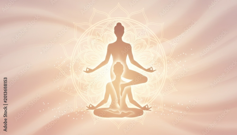 Fototapeta Spiritual meditation silhouette on glowing lotus background, ethereal yoga mindfulness concept, zen healing energy illustration with mandala