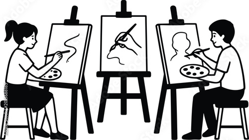 Foto Art class painting session with students creating abstract and figurative works