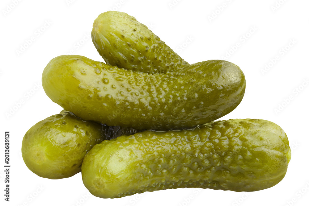 Naklejka premium Pickled cucumbers gherkins group, isolated on cutout transparent background