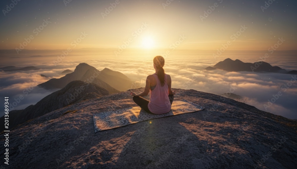 Fototapeta premium Zen meditation at sunrise on mountain peak, woman practicing yoga above clouds, peaceful mindfulness and spiritual wellness concept