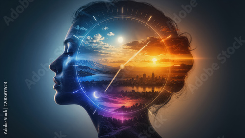 Abstract double exposure concept of human silhouette and glowing clock face integrated with light spectrum