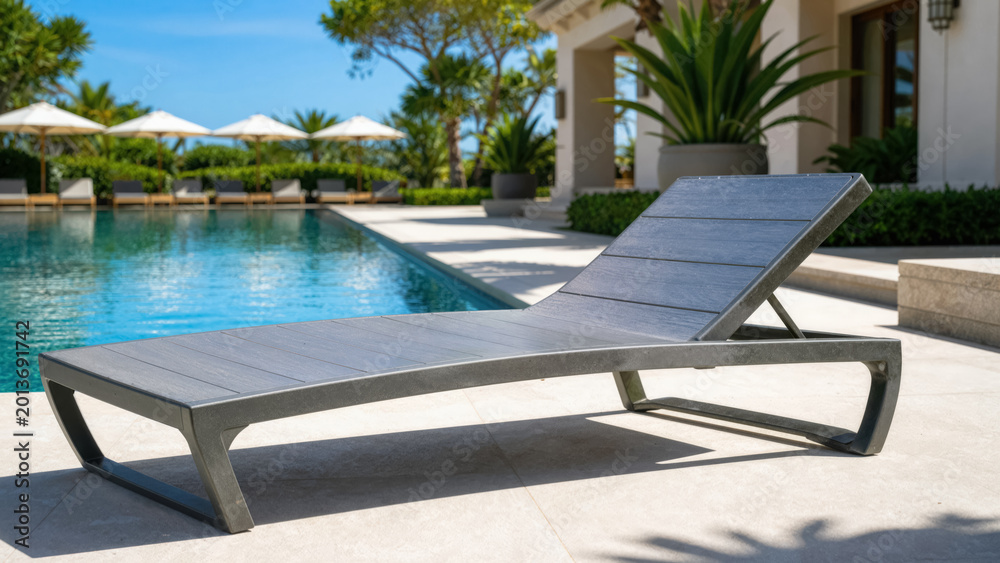 Fototapeta premium Premium ergonomic sun lounger made of recycled marine plastic at luxury resort poolside terrace