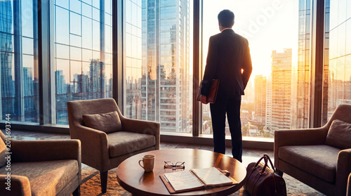 Tableau sur toile Professional businessman contemplating the modern city skyline from a high-rise office lounge
