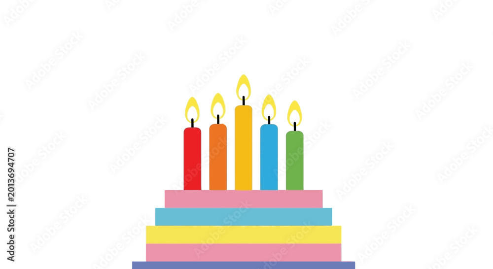 Fototapeta premium Colorful Birthday Cake With Five Lit Candles on White Background