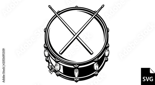 Tablou pe pânză Drum with crossed drumsticks, vector illustration, black and white