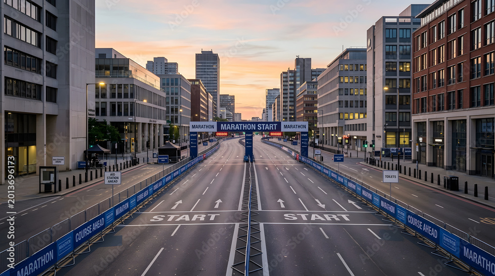 Fototapeta premium Empty city street prepared for marathon start at sunrise with blue banners and start line markings