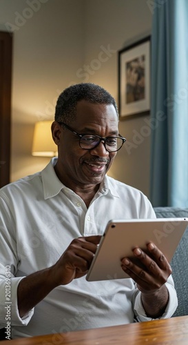 Smiling Senior Black Man Engaging with Digital Tablet