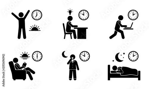 Fotografie Daily Routine Icons: Morning Wake Up, Work, Laptop Use, Reading, Evening, Sleep,