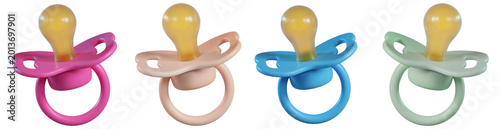 Fotografía Colorful collection of baby pacifiers with soft silicone nipples, essential for infant care and comfort