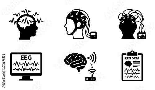 EEG Brainwave Monitoring Icons, Electroencephalography Medical Data Set, Neuroscience Research Vector Graphics