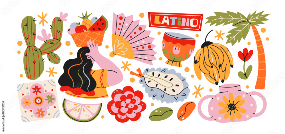 Obraz premium Latino tropical culture stickers retro cartoon style. Banana, cactus, watermelon, palm tree, exotic flowers and latin american symbols, colorful summer fiesta and tropical travel collection