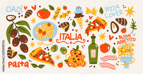 Cuadro en lienzo Italian food and culture stickers set in retro cartoon style