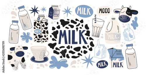 Canvastavla Milk dairy stickers in retro cartoon style