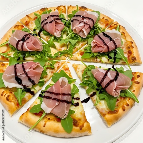 Delicious pizza with ham and greens cut into slices