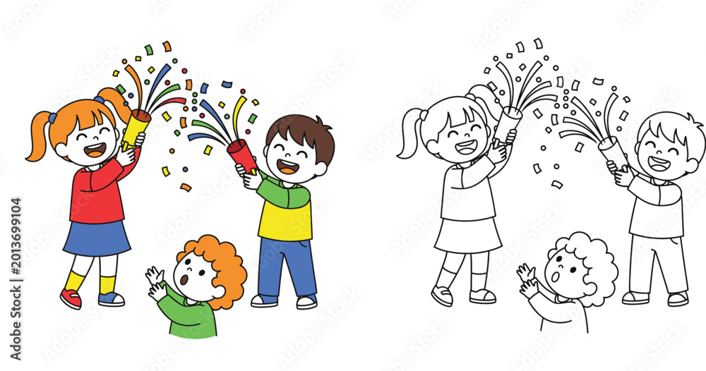 Fototapeta premium Happy Kids Celebrating with Confetti Poppers - Joyful Children's Party Illustration