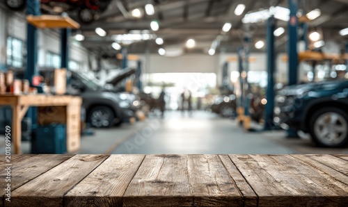 Empty wooden table with blurred background of a car repair shop.
