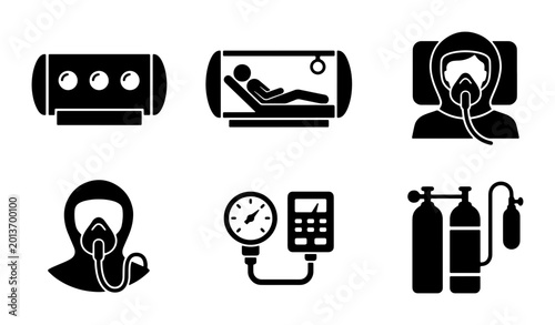 Foto Medical Oxygen Therapy Icons, Hyperbaric Chamber, Patient Care, Respiratory Supp