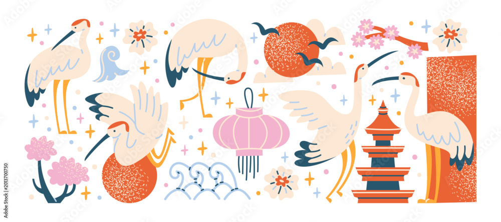 Obraz premium Heron birds sticker with japanese lantern pagoda and sakura flowers, elegant long leg birds in asian culture setting with flying cranes and oriental decorative elements