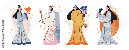 Foto Japanese geisha characters in kimono with fans flowers in retro cartoon style