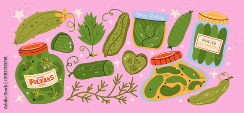 Fotografi Pickled cucumber stickers with jars sliced pickles and dill herbs, fermented veg