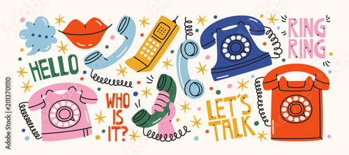 Quadro su tela 90s telephone retro vintage stickers with classic rotary phones and nostalgic co