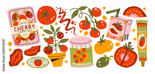 Schilderij op canvas Tomato food products stickers with fresh vegetable and processed ingredients inc