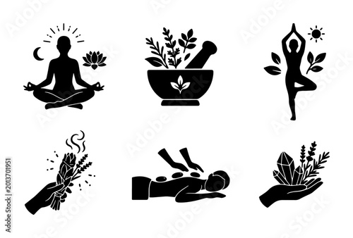 Canvastavla Holistic Wellness Icons Set: Meditation, Yoga, Spa, Crystals, Herbs, and Aromath