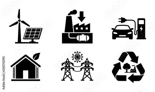 Konstfotografi Eco-friendly energy icons: renewable power, electric vehicles, sustainable housing, industry, and recycling symbols, vector graphics for green technology concepts