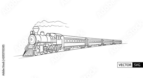 Schilderij op canvas Vintage steam locomotive pulling passenger train, retro travel illustration
