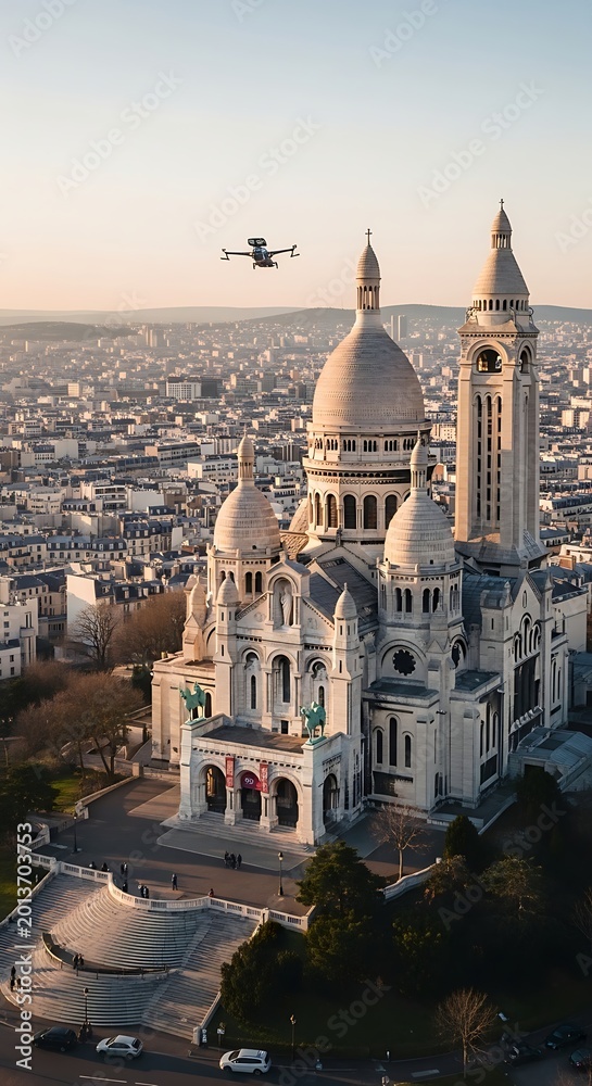 Fototapeta premium Iconic basilica dominates city skyline at golden hour, drone surveys